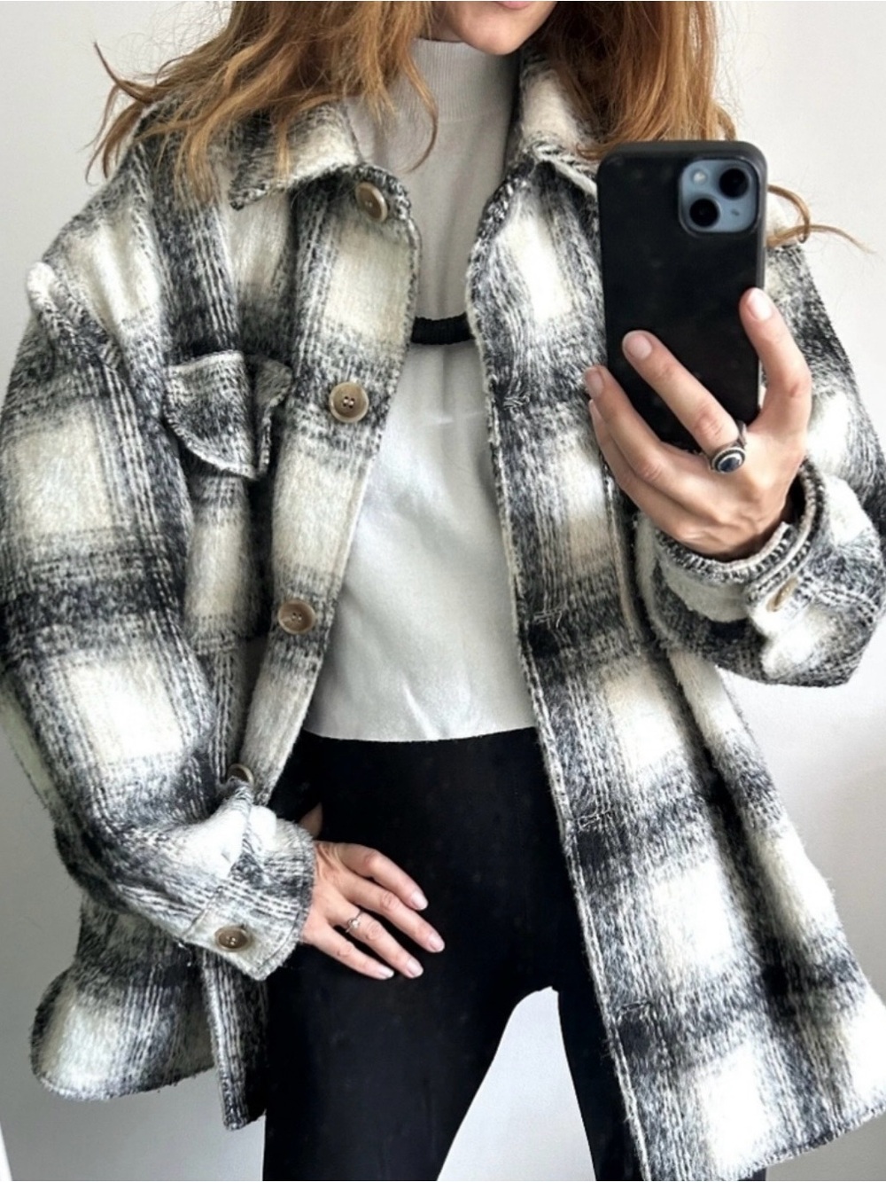 Women’s Black & White Plaid Flannel Jacket/Shacket